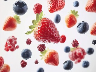 Strawberries, blueberries, and raspberries floating against a light background.