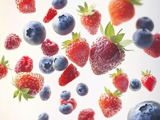 Strawberries, blueberries, and raspberries floating against a light background.