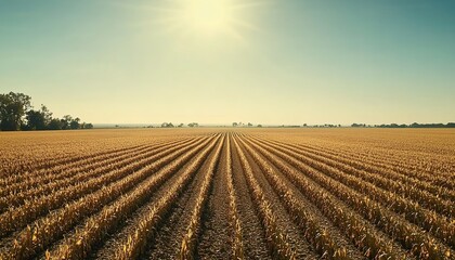 Golden cornfield with neat rows, distant woods, and sunny sky.