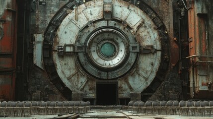 Obraz premium Apocalyptic Sci-Fi Scene: Rusty Machine and Empty Chairs