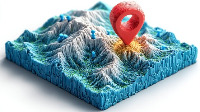 3D Map with Location Pin Highlighting Terrain Features and Geographic Data Visualization