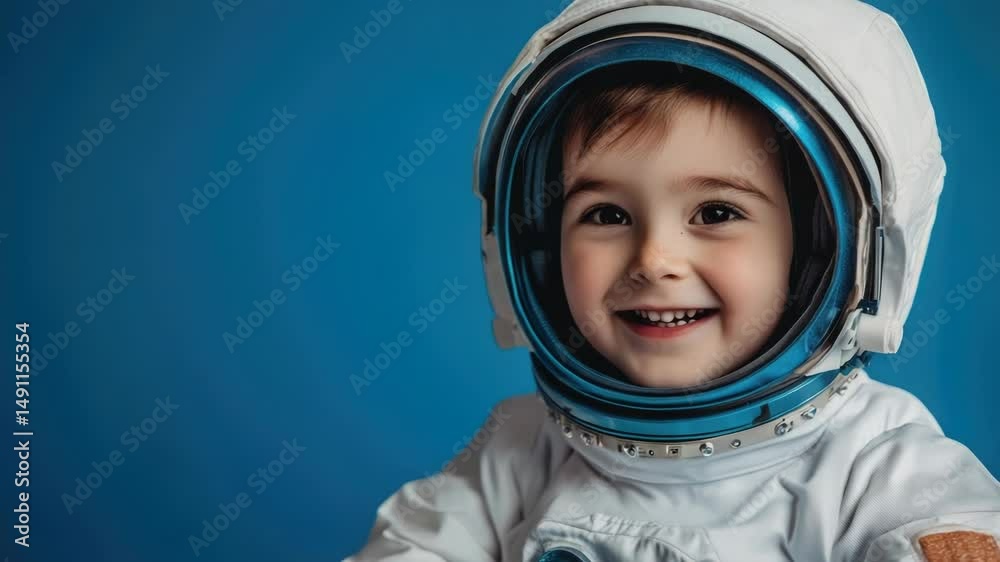 Poster a happy child in a space suit smiling at the camera