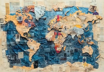 Naklejka premium Collage world map made from newspaper pieces with colored continents.