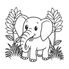 Cute Cartoon Elephant in Jungle Line Art
