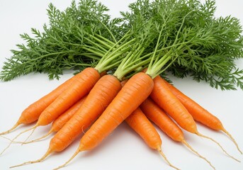 Bunch of fresh carrots with green leaves isolated on a white background