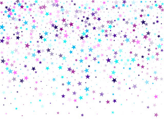 Flying stars confetti holiday vector in cyan blue violet on white. Magical starry bright card decoration. Cute cartoon stars holiday vector. Magic sparkles decorative print.