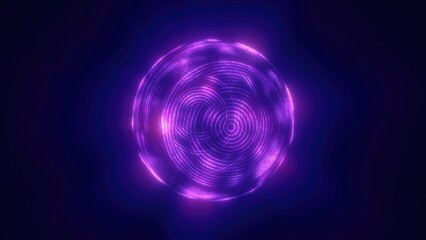 A glowing purple sphere with intricate neon-like patterns floating in a dark background, resembling futuristic technology or abstract digital art