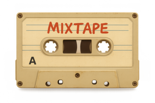Old audio cassette mixtape with transparent background evoking memories of creating personalized music compilations