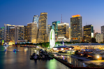 Fototapeta premium Miami nights. Long exposure stock photo Downtown Miami at night 2025 city views dade county
