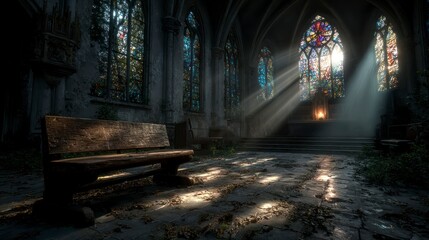 Fototapeta premium Sunlight Streaming Through Stained Glass Windows in an Abandoned Sanctuary with Wooden Benches