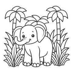 Naive Art Elephant in Jungle with Palm Trees – Black and White Illustration