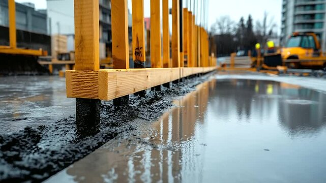 A construction site on a rainy day, with water pooling on a fresh concrete slab as wooden supports hold the form in place.