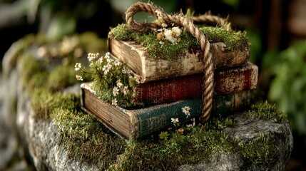 Stacked Books with Moss and Flowers Tied by Rope NatureInspired Composition for Fantasy and L
