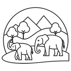 Minimalist Elephant Landscape with Mountains – Black and White Vector Art