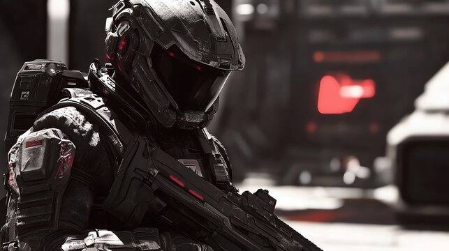 A futuristic soldier wearing a high-tech mech suit is preparing for action.