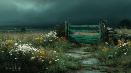 Serene Countryside Scene with Rustic Gate and Wildflowers Under a Stormy Sky