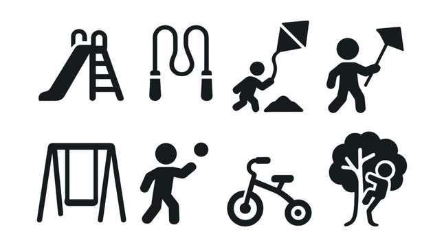 Solid style icons of outdoor fun: playground slide, jump rope, sandbox icon, kite flying, swing set, ball toss, tricycle ride, tree climbing.