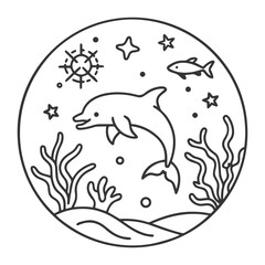 Minimalist Dolphin in Underwater Coral Scene – Black and White Digital Art