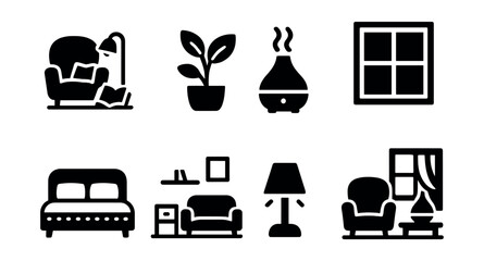 Solid style icons of home wellness setup: cozy reading corner, indoor plant icon, diffuser, natural light window, sleep-support mattress, clutter-free room, calm lighting, wellness nook.