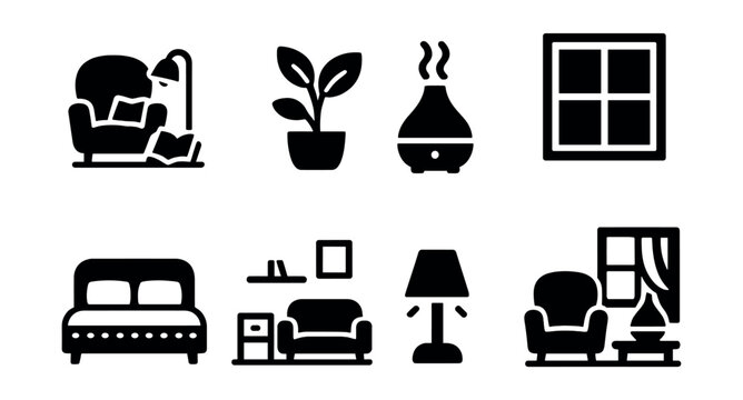 Solid style icons of home wellness setup: cozy reading corner, indoor plant icon, diffuser, natural light window, sleep-support mattress, clutter-free room, calm lighting, wellness nook.