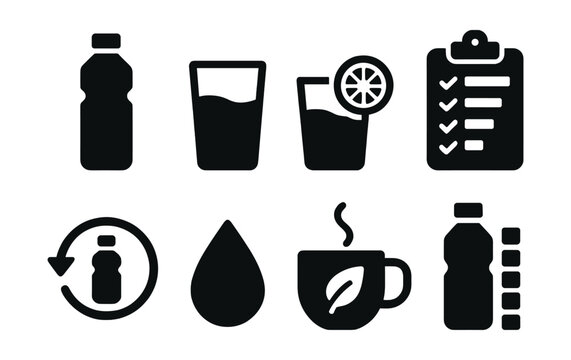 Solid style icons of hydration habits: water bottle, glass of water, lemon water icon, hydration chart, refill reminder, water droplet, herbal tea cup, drink tracker.