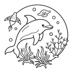 Minimalist Black and White Dolphin Underwater Scene – Line Art Illustration