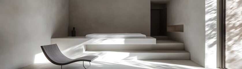 Fototapeta premium Minimalist bedroom with elevated platform bed.