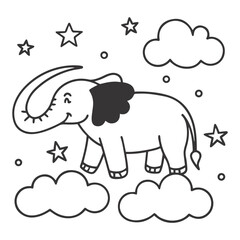 Cute Minimalist Elephant under Night Sky – Black and White Cartoon