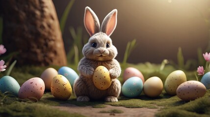 Cute bunny and single easter egg. Concept and idea of happy easter day.