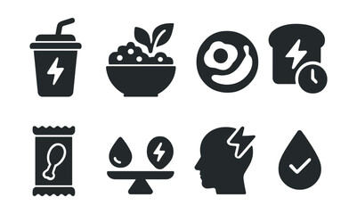 Solid style icons of eating for energy: power smoothie, high-fiber bowl, energizing breakfast, slow carbs icon, protein snack, energy balance scale, fatigue prevent icon, stable blood sugar.