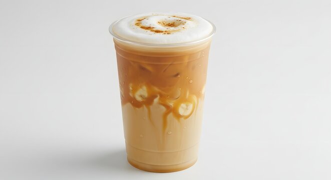 Takeaway Cup of Iced Banana Caramel Latte with Cinnamon Sprinkles Full View Unique Dessert Coffee Beverage on White Background