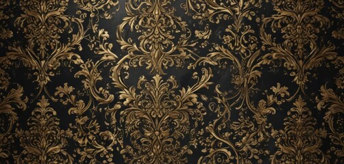 Intricate black & gold damask, metallic sheen ,  black,  black background,  decorative