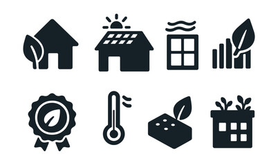 Solid style icons of green building design: eco house, solar roof, passive cooling window, energy efficiency icon, green certification, smart heating icon, eco materials, roof garden.