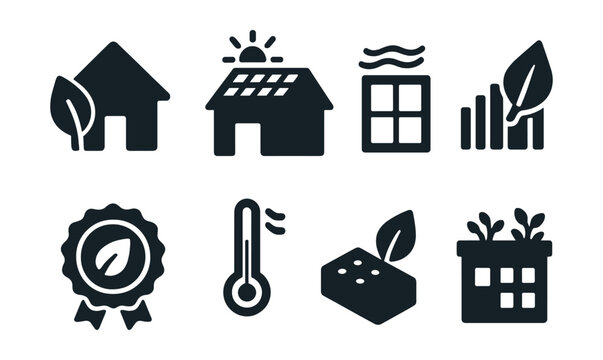 Solid style icons of green building design: eco house, solar roof, passive cooling window, energy efficiency icon, green certification, smart heating icon, eco materials, roof garden.