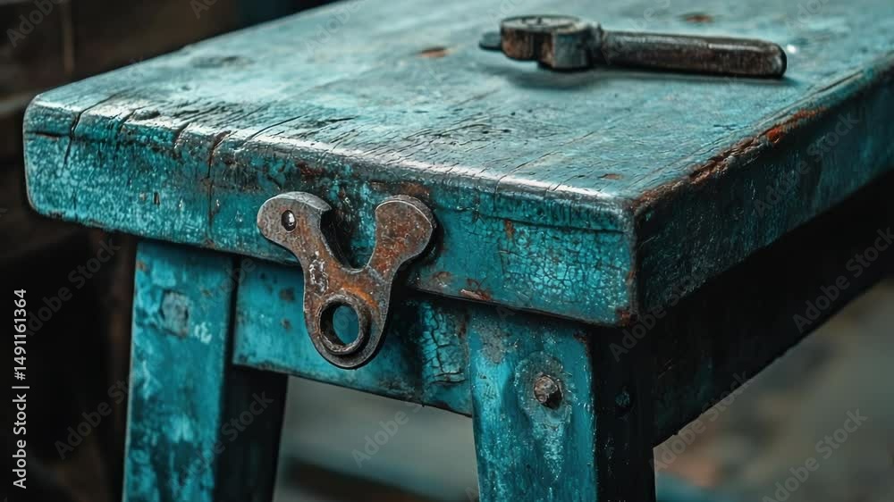 Poster a blue table with a pair of scissors on top, suitable for office or school use