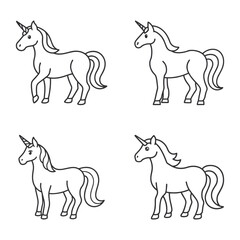Minimalist Black and White Unicorn Line Art Set – Four Stylized Unicorn Illustrations