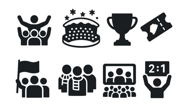 Solid style icons of spectators and fans: cheering crowd, snow stadium, winter cup trophy, event ticket, flag wave, team colors icon, big screen watch, score cheer.