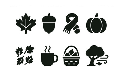 Solid style icons of autumn season: maple leaf, acorn icon, scarf and hat, pumpkin, falling leaves, warm drink, harvest basket, windy tree.