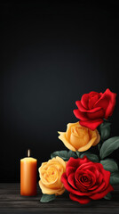 Fototapeta premium A softly lit candle illuminates vibrant red and yellow roses arranged gracefully on dark wooden surface against a minimalist black backdrop offe serene beauty.