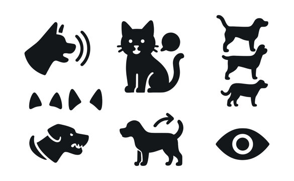 Solid style icons of pet communication cues: barking icon, meowing icon, tail position chart, ear signals, body language, growl alert, vocal bubble, eye contact symbol.