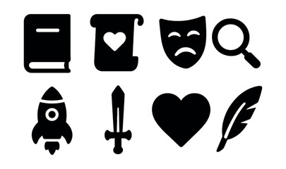 Solid style icons of literary genres: novel book, poetry scroll, drama mask, mystery magnifier, sci-fi rocket, fantasy sword, romance heart, historical quill.
