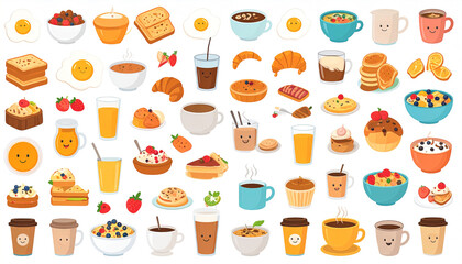 A vibrant collection of cartoon breakfast foods, including eggs, pastries, cereals, fruits, coffee, and juice, all with cheerful faces