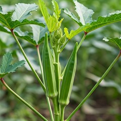 Obraz premium Okra plants bearing pods and vibrant leaves in sunlit tropical farmland.