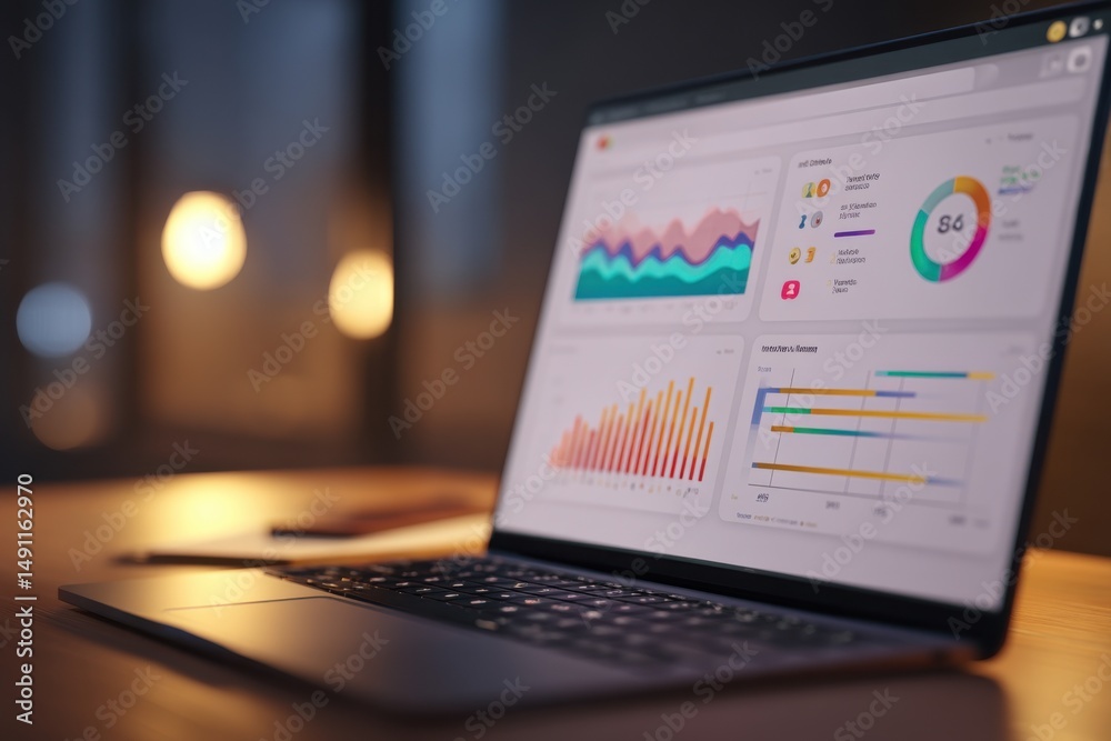 Poster Laptop Displaying Financial Data and Charts on a Wooden Desk, Representing Business Intelligence and Data Analytics Solutions : Generative AI