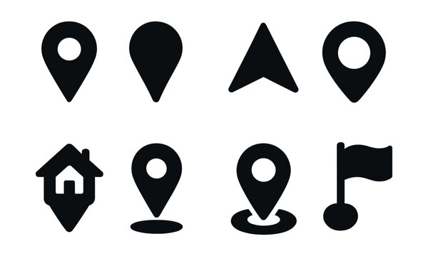 Solid style icons of location markers: classic pin icon, dropped pin, navigation arrow, GPS marker, home location, pin with shadow, pin on circle, location with flag.