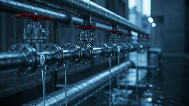 Leaking Pipes with Valves Draining Water Inside Building Slow Motion