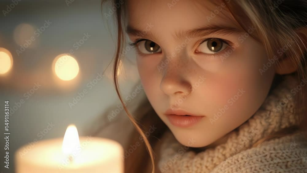 Poster a little girl holds a lit candle in front of her face, creating a mysterious and contemplative atmos