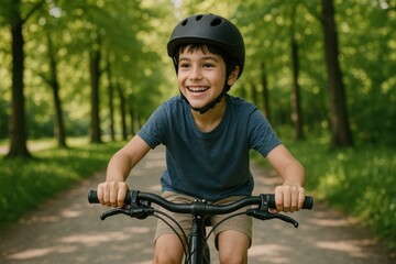 Naklejka premium Joyful boy riding his bicycle through a lush green park on a sunny day, enjoying freedom and adventure in nature Generative AI