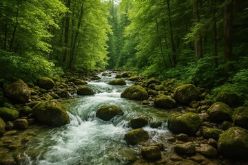 Fototapeta premium Serene river flows through lush green forest under gentle sunlight in a tranquil natural landscape Generative AI