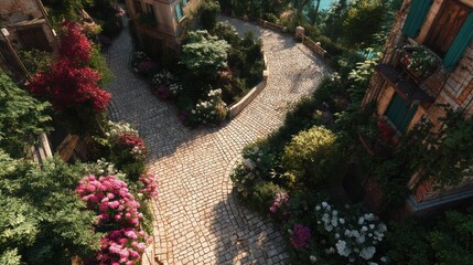 Cobblestone Path Through Lush Gardens in Old Town, Representing Serenity and Destination Travel for Vacation Planning and Real Estate Marketing : Generative AI